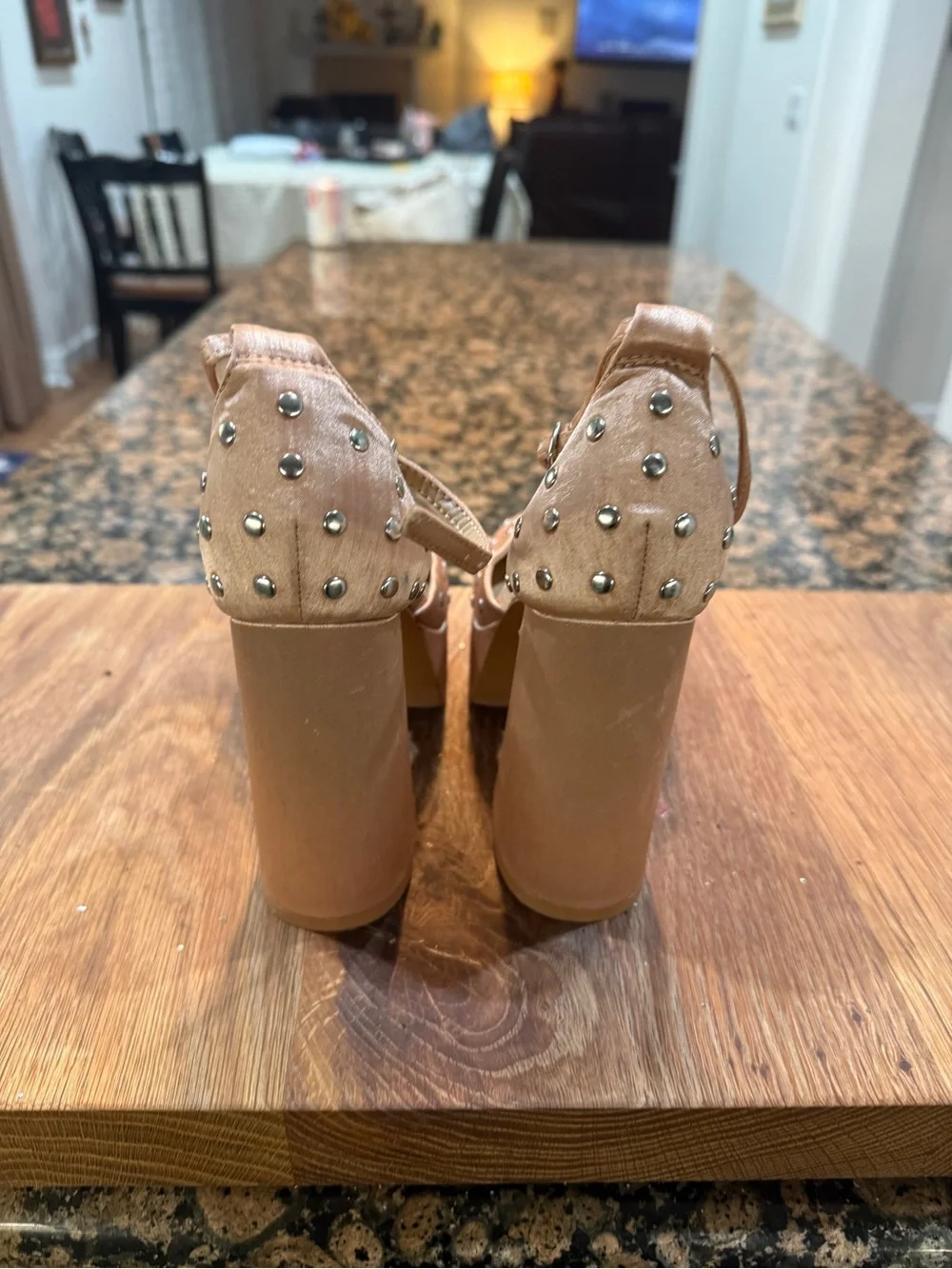 Platform Ankle-Strap Studded Heels in Blush
